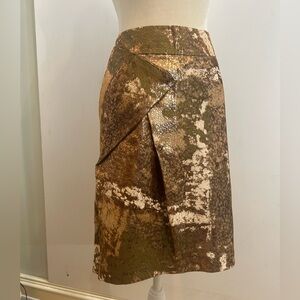 Per Se Metallic Textured Olive Taupe and Green  Midi Skirt